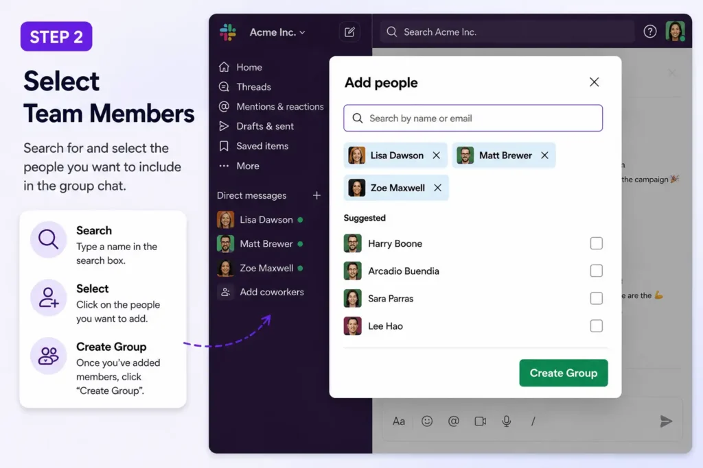 Slack will automatically show matching users while you type