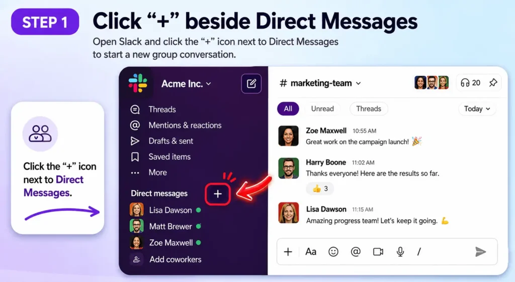 click the “+” icon to start creating a new conversation
