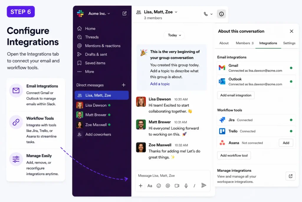 open the Integrations section to configure email integrations