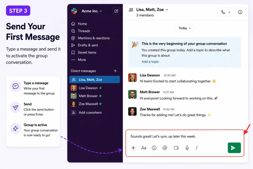 send your first message to activate the conversation